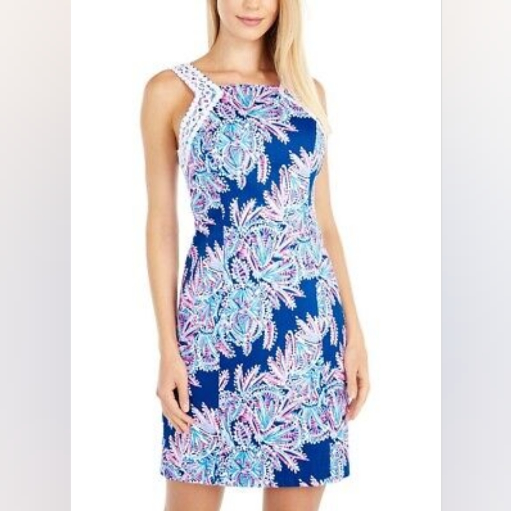 Lilly Pulitzer Makayla printed lace shift dress in oyter bay blue print. Size 6 - Picture 2 of 13
